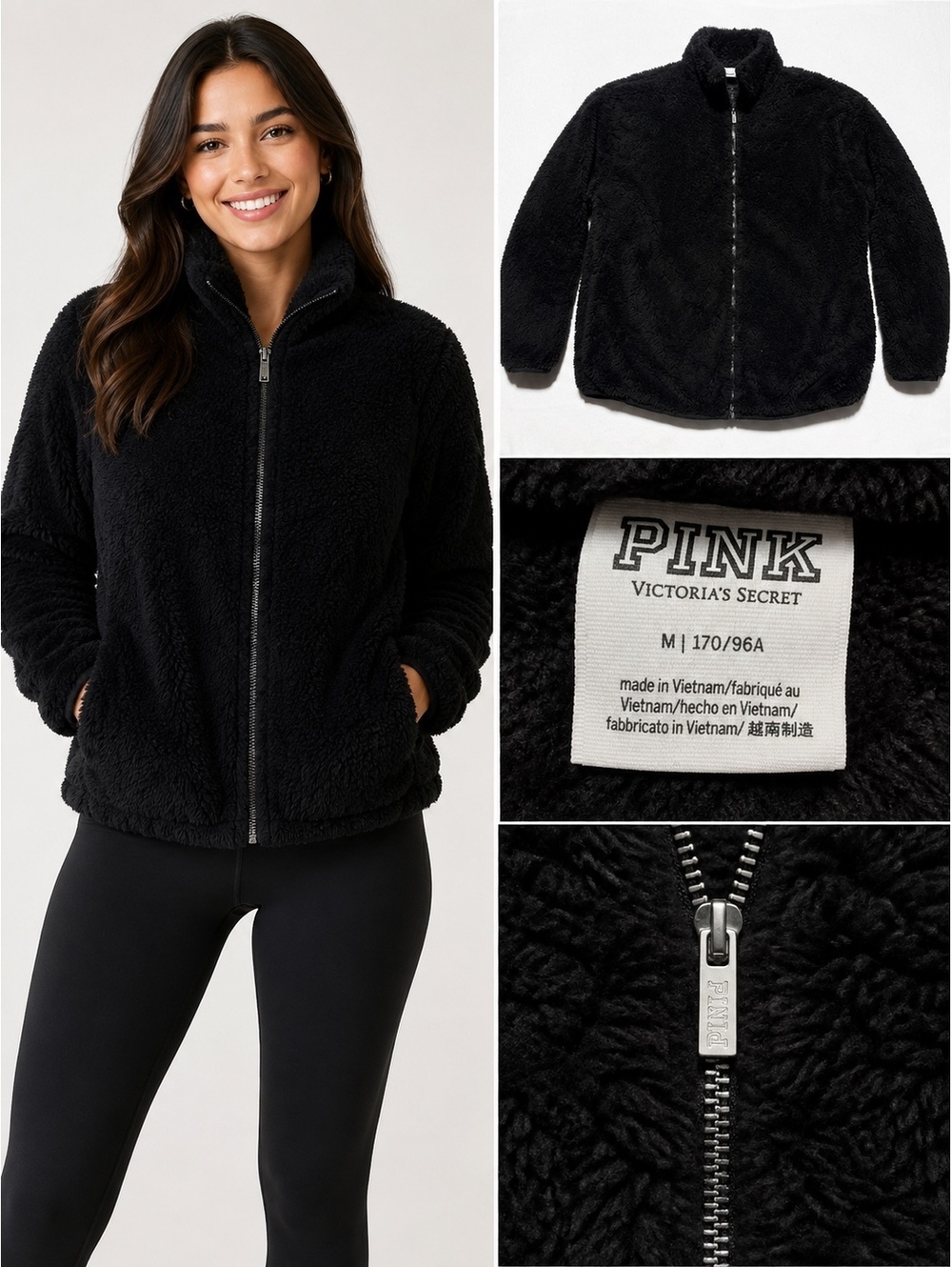NK Victoria’s Secret Women’s Black Sherpa Fleece Full Zip Jacket Size M